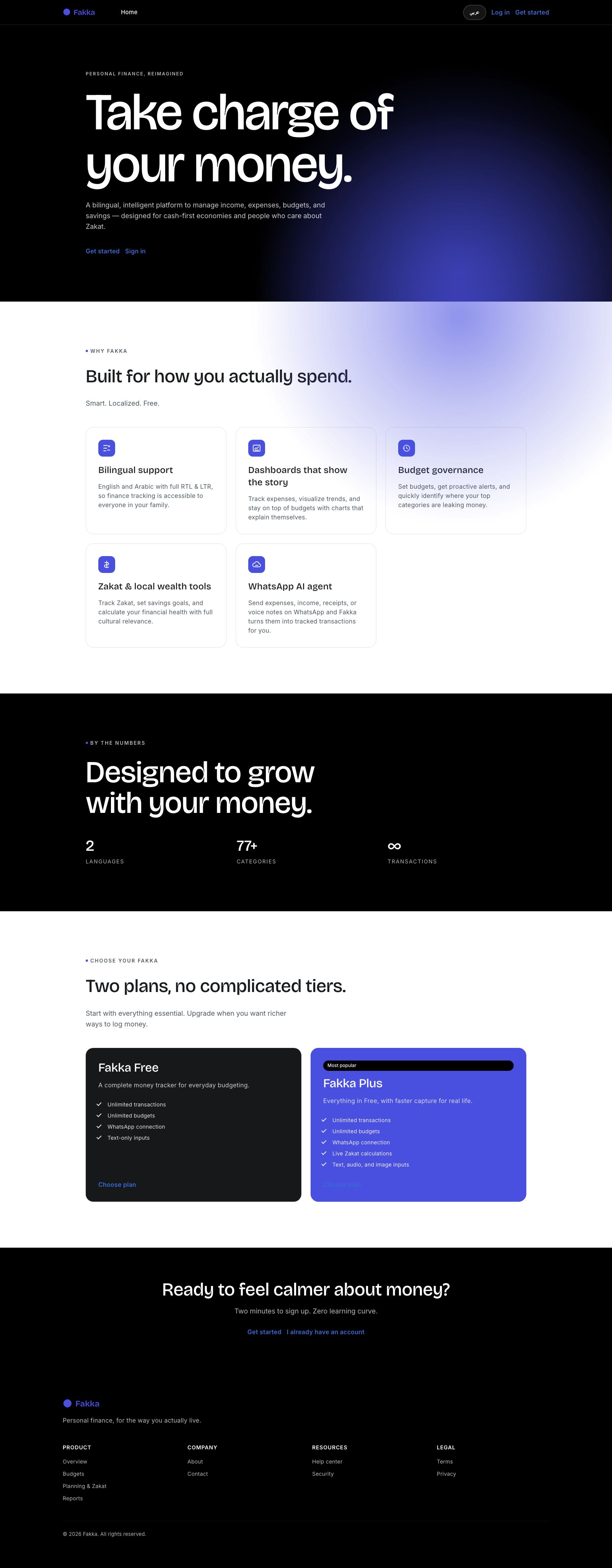 Fakka landing page: 'Take charge of your money.' over a deep blue gradient.